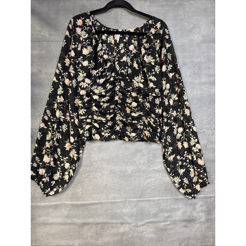 Free People floral blouse V Neck Balloon Sleeves Roush Front Sz XL